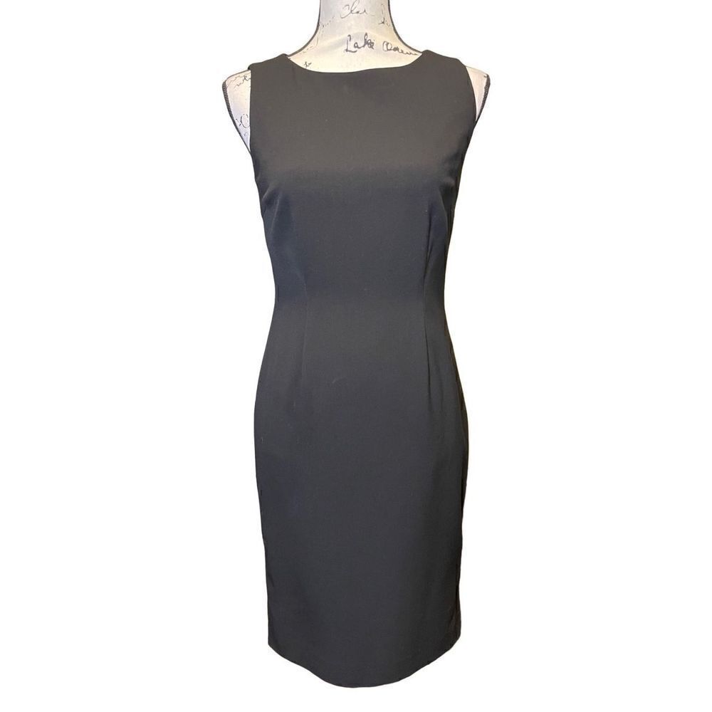 NWT Calvin Klein Black Sleeveless Sheath Dress with gold chain detail,‎ Size 2